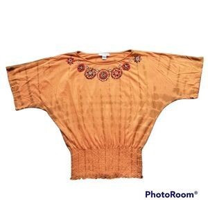 Dressbarn Indie Tangerine Tie-Die Tee Short Sleeves with Beaded Embellishments